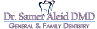 The image is a logo with text that reads  Dr. SAMER ALEID DMD General   Family Dentistry,  featuring a stylized graphic of a dental clinic, and includes a purple and white color scheme.