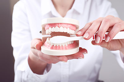 A person holding a set of dentures with their hand while another set of dentures is open in front of them, revealing teeth.