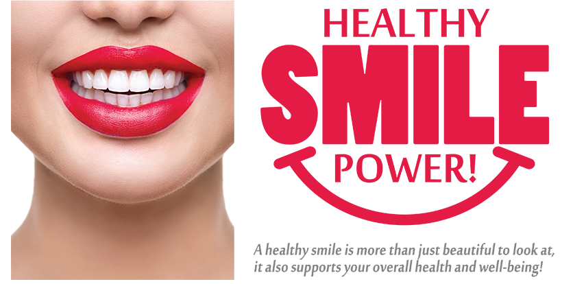 The image features a close-up of a person s face with red lipstick, displaying a logo for  Healthy Smile Power,  which appears to be a brand or service related to dental care or cosmetic treatments.